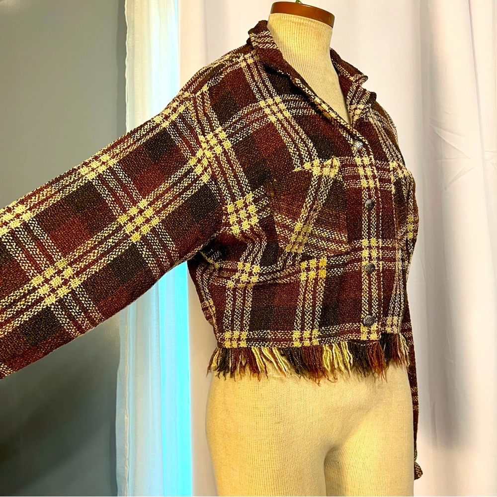 WOMENS Vintage Adobe Rose L. 80s 90s vintage plaid tweed cropped fringe jacket
